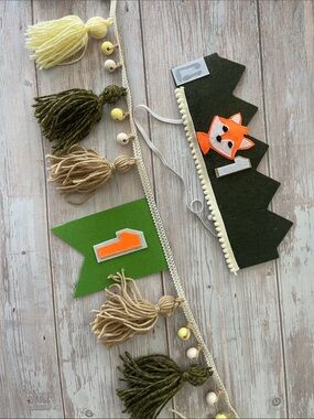 Baby 1st bday woodland animals decor crown + chair garland fox Green pom, beads